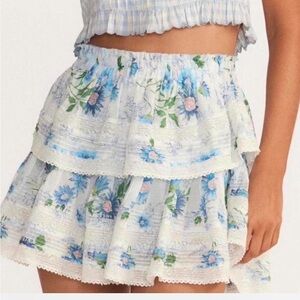 Loveshack Fancy -Floral Tiered Mini Skirt - White with Blue Floral
